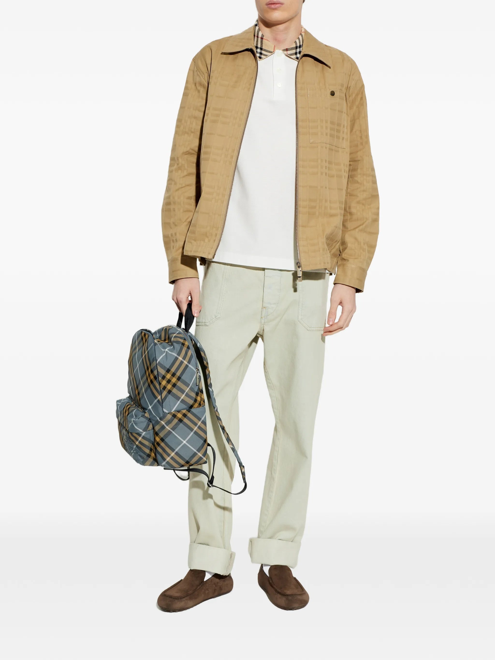 White Evan Cotton Plaid Collar Polo Shirt