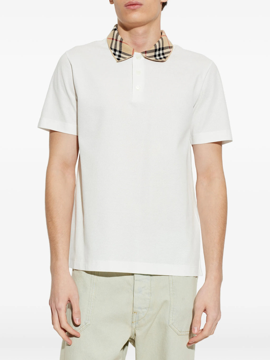 White Evan Cotton Plaid Collar Polo Shirt
